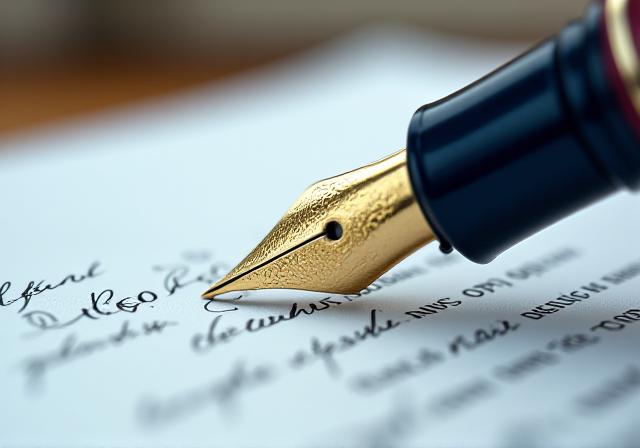 Close-up of a fountain pen resting on a meticulously drafted legal document