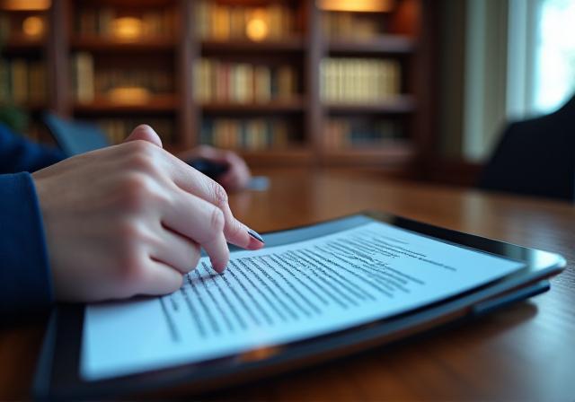 Close-up of a legal professional reviewing a digital tablet with high-end office aesthetics